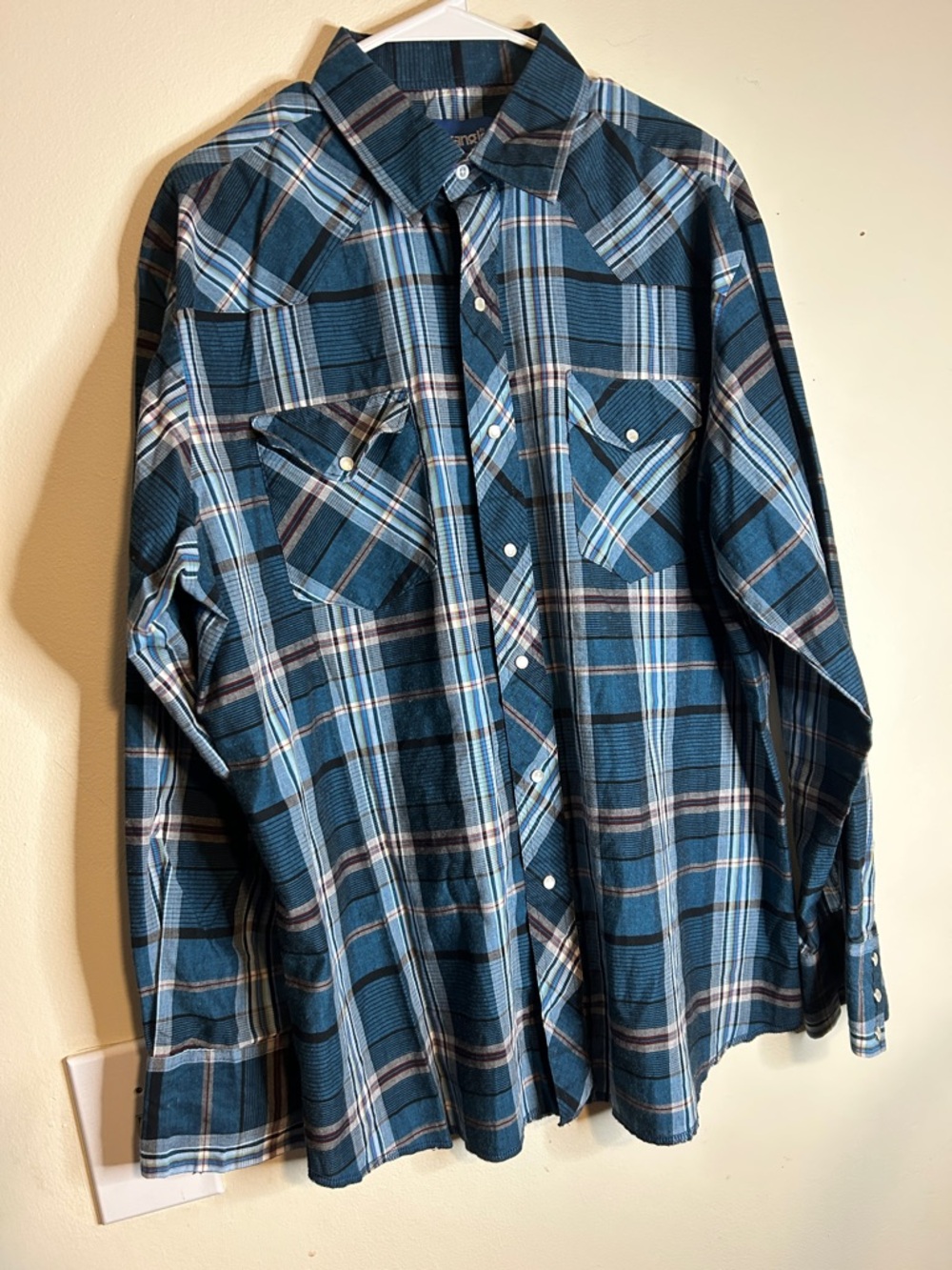 Wrangler Teal Navy and Light Blue Plaid Western Shirt